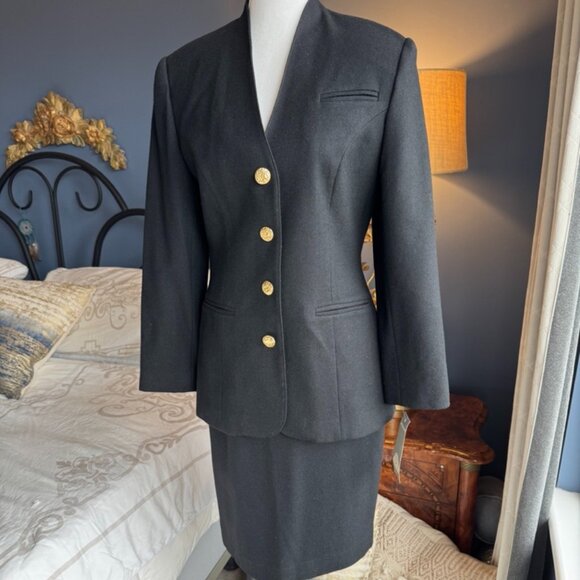 Vintage 90s 100% Wool Black Skirt Suit w Gold Buttons - Picture 1 of 16